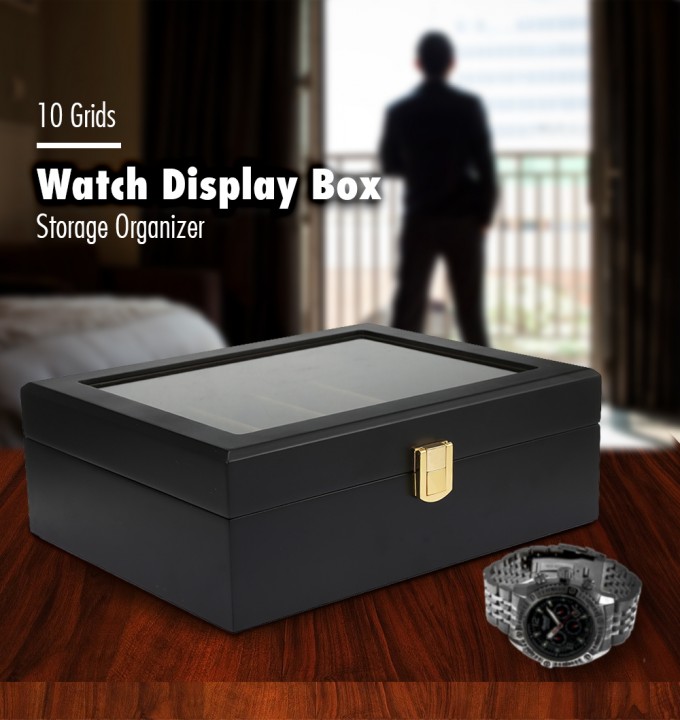 10 grids wooden watch box jewelry display storage black