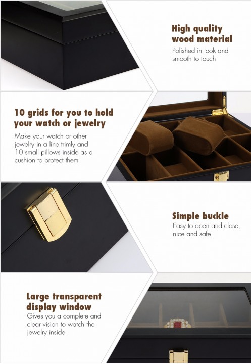 10 grids wooden watch box jewelry display storage black