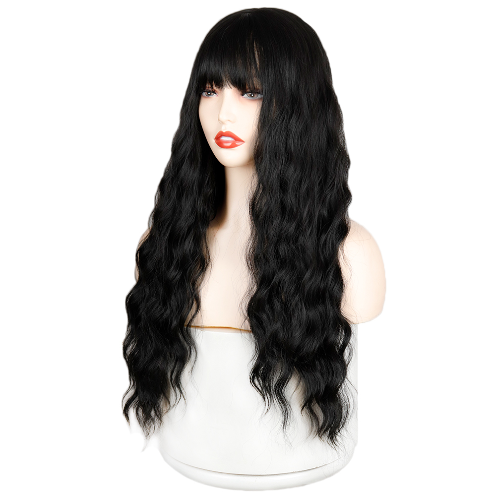 Best Price For Synthetic Wig Long Wavy Black Wig With Bangs Natural