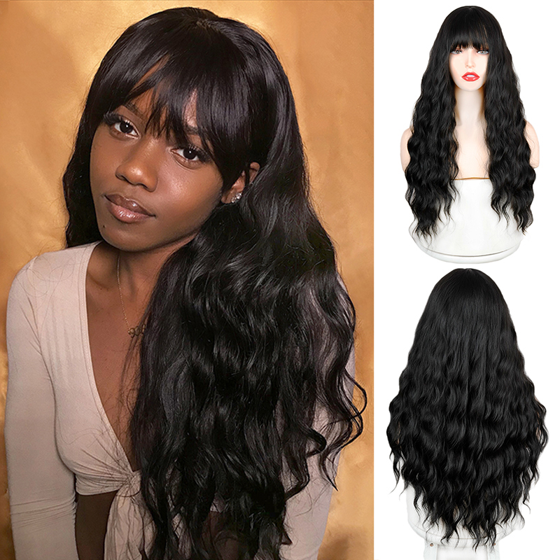 Best Price For Synthetic Wig Long Wavy Black Wig With Bangs Natural