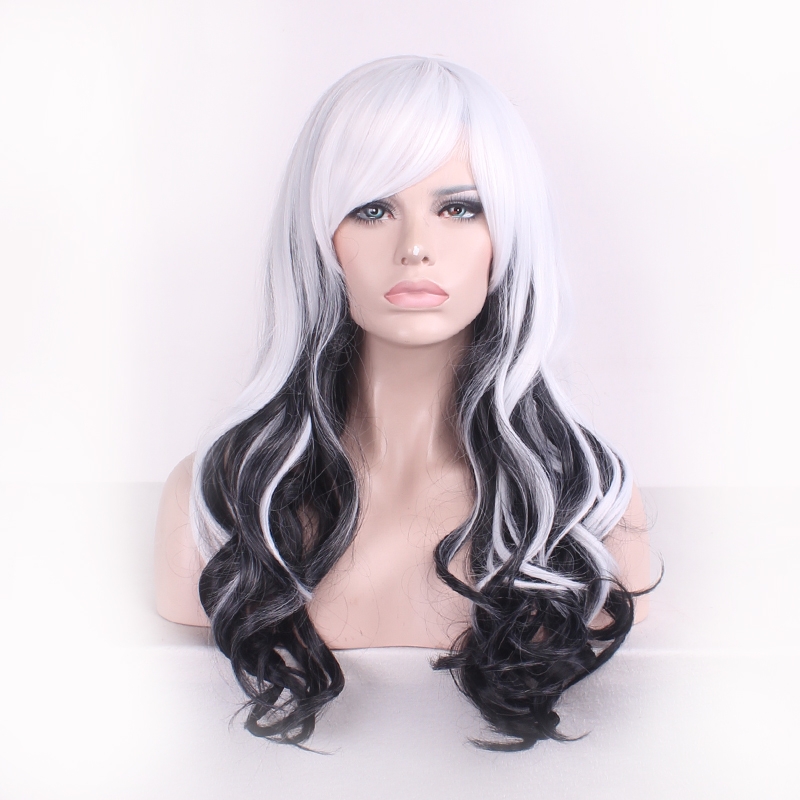 Long Black Mixed White Natural Curly Hair Cosplay For Womens
