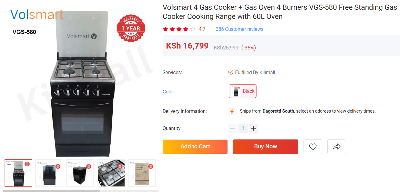 Volsmart 4 Gas Cooker + Gas Oven 4 Burners VGS-580 Free Standing Gas Cooker Cooking Range with 60L Oven