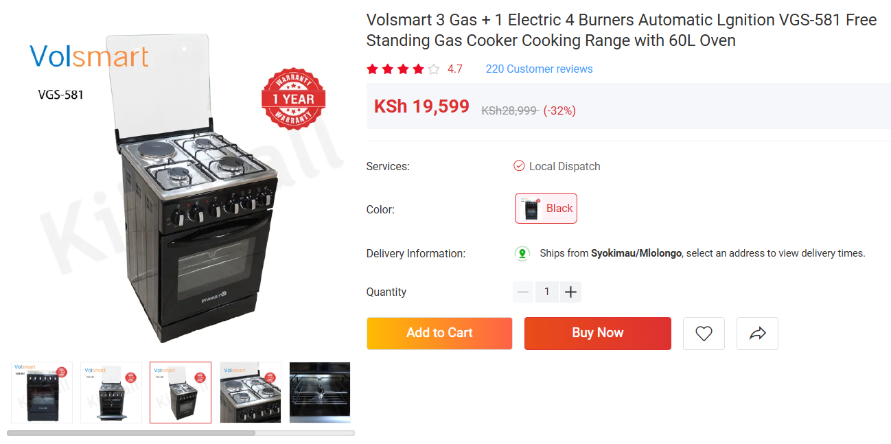 Volsmart 3 Gas + 1 Electric 4 Burners Automatic Lgnition VGS-581 Free Standing Gas Cooker Cooking Range with 60L Oven