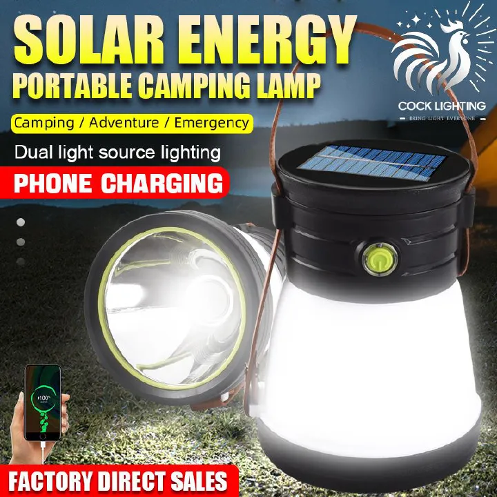 Portable Camping Lamp Dual Light Source Lighting High Brightness LED Flashlight Solar Emergency Light Solar Energy Charge Phone Charging