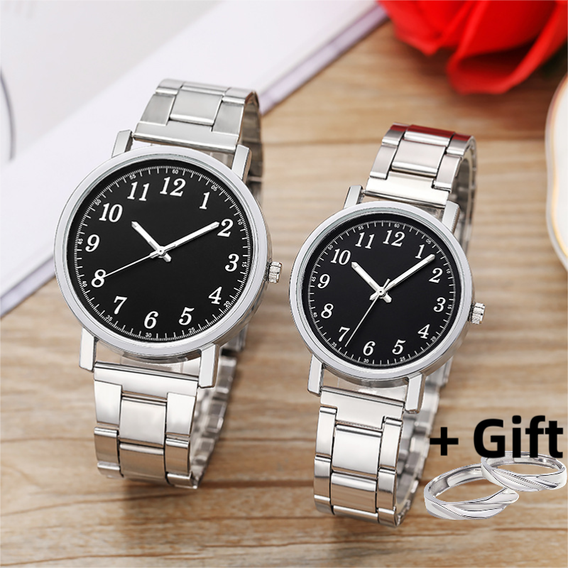 UPHUI 4PCS Couple Watches Set Watch 2 Couple Watch And 2 Couple Ring Couple Alloy Watch Valentine's Day Gift Wedding Gift Silver