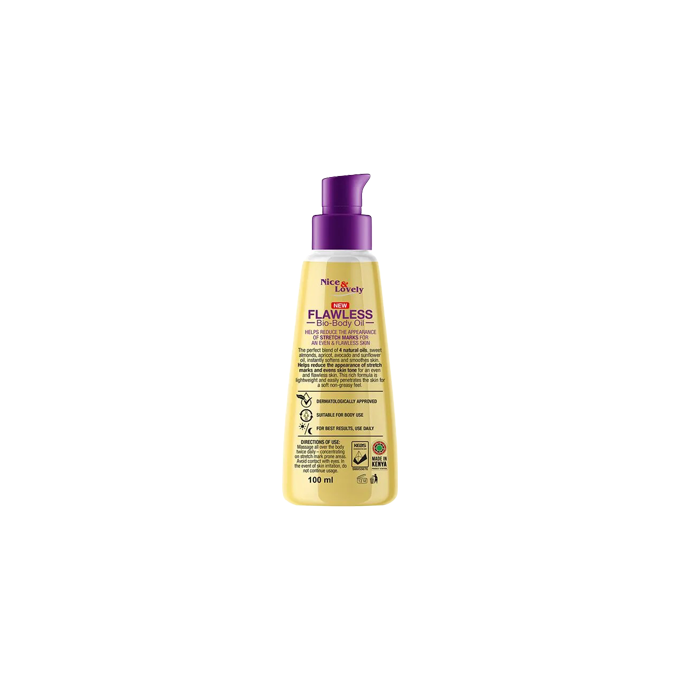 Back label of Nice and Lovely Bio Body Oil for pregnancy stretch marks