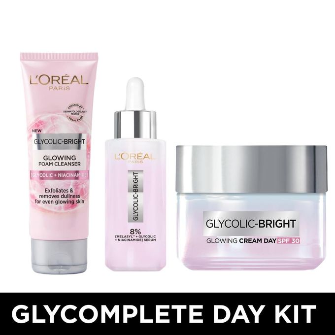 L'Oréal Paris Glycomplete Day Kit, Glycolic Bright Cleanser 100ml+ Day Cream 50ml +Serum 30ml