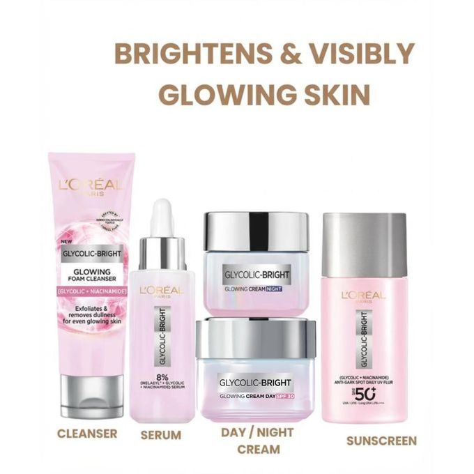 L'Oréal Paris Glycomplete Day & Night Kit, Glycolic Bright Cleanser 100ml, Glycolic Bright Melasyl Serum 30ml, Glycolic Bright Day Cream 50ml, Glycolic Bright Night Cream 50ml