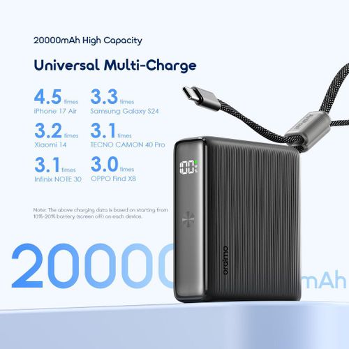 Oraimo PowerNova L21 20000mAh Power Bank 30W Fast Charging Built-in Type-C Cable USB-C LED Display Portable Charger for Android iPhone Travel Backup
