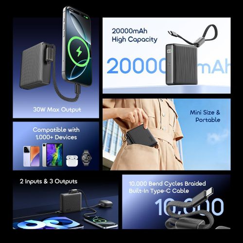 Oraimo PowerNova L21 20000mAh Power Bank 30W Fast Charging Built-in Type-C Cable USB-C LED Display Portable Charger for Android iPhone Travel Backup
