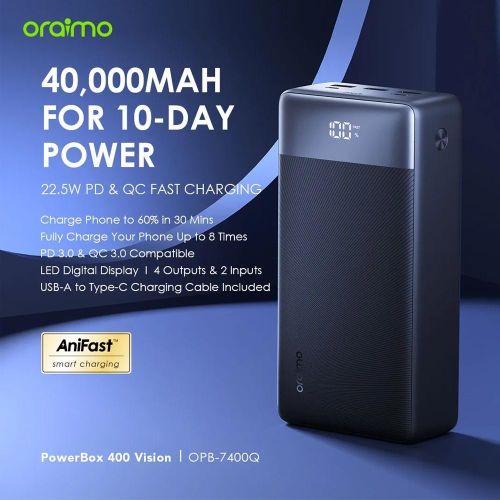 Oraimo PowerBox 400 Vision 40000mAh 22.5W Fast Charging Power Bank, USB-C PD QC3.0 Portable Charger, 4 Outputs, Smart LED Display, High Capacity Backup Battery Kenya