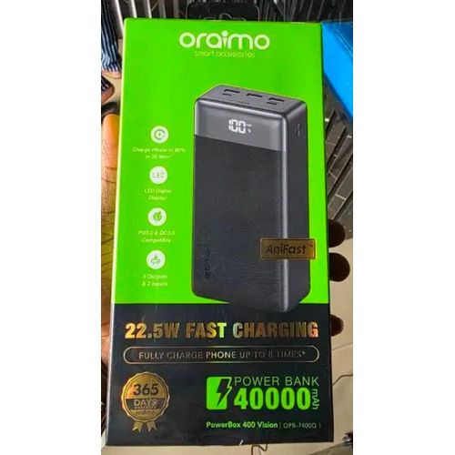 Oraimo PowerBox 400 Vision 40000mAh 22.5W Fast Charging Power Bank, USB-C PD QC3.0 Portable Charger, 4 Outputs, Smart LED Display, High Capacity Backup Battery Kenya