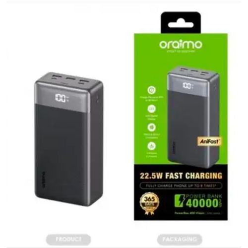 Oraimo PowerBox 400 Vision 40000mAh 22.5W Fast Charging Power Bank, USB-C PD QC3.0 Portable Charger, 4 Outputs, Smart LED Display, High Capacity Backup Battery Kenya