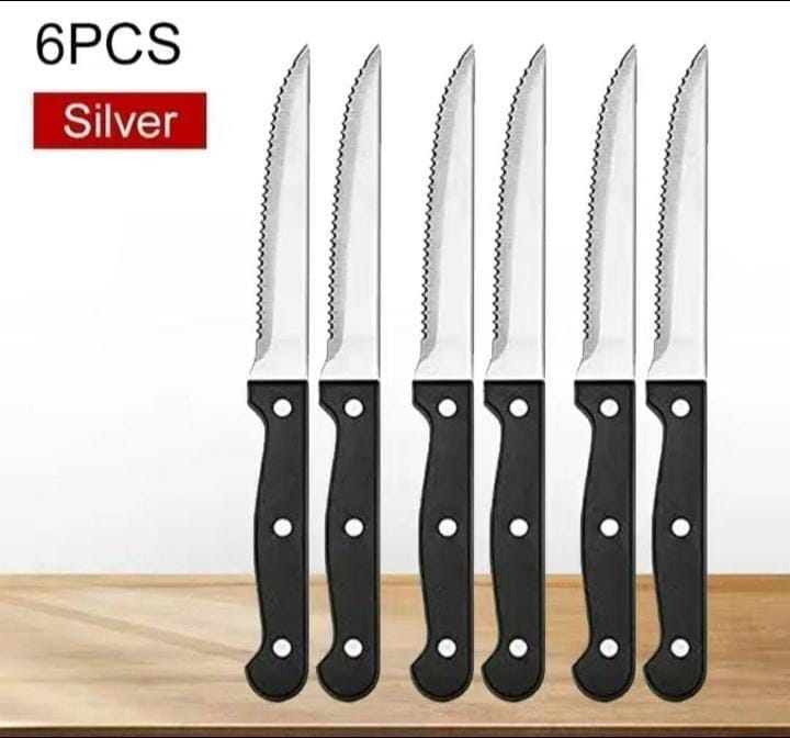 6PC Knife Set STAINLESS STEEL SERRATED STEAK KNIFE ..🥳Good in..

Meat, butter spread, fruits cuts.

Comfortable handle & very sharp

22cm long

6pcs set 

set of 6*