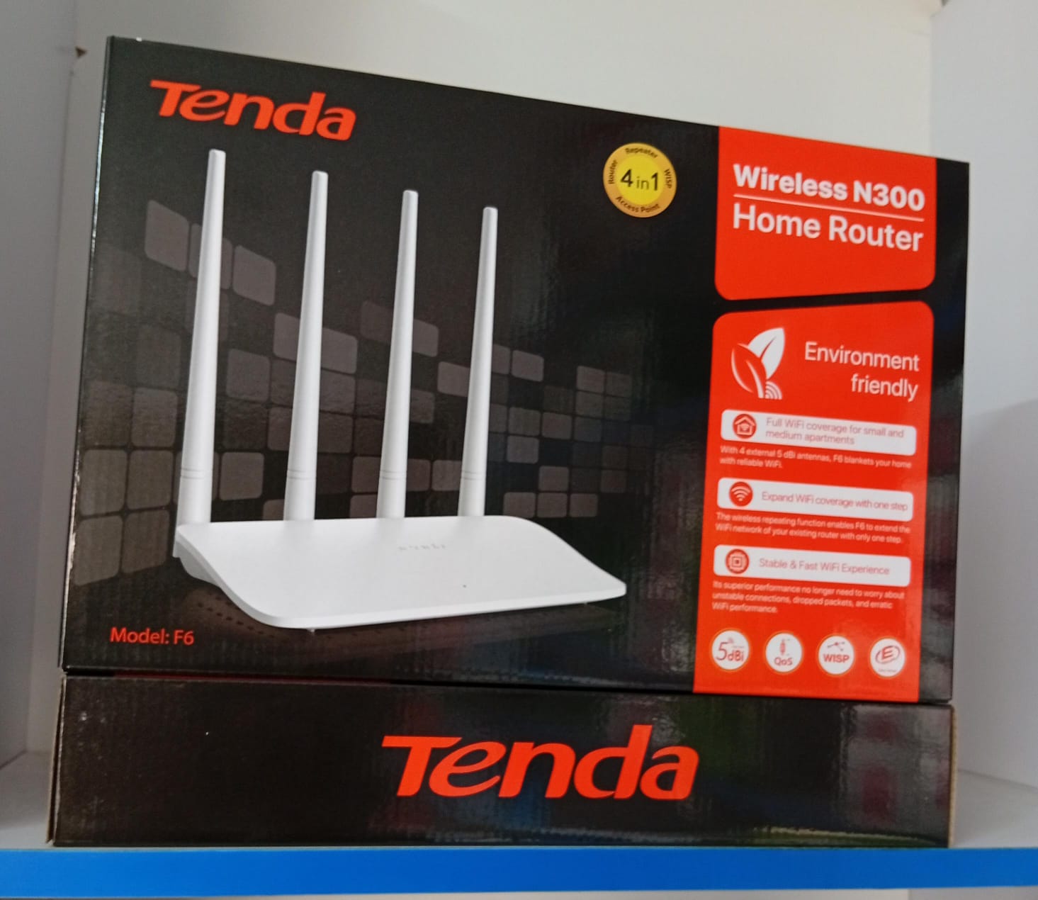AVAILLABLE‼️‼️tenda F6 300Mbps Wireless Wifi Router WiFi Repeater🔥Antena – 4 x 5dBi external antennas
Others – Button: 1 x WiFi/Reset button,
Power input: AC 100-240V-50/60Hz, output: DC 9V 0.6A,
LED