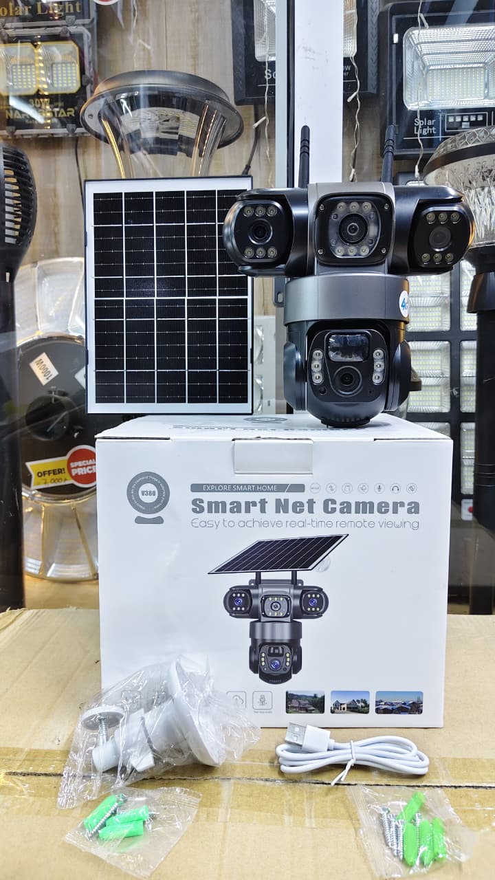 Triple Lens 4G PTZ Solar CCTV Camera with Three Screens‼️‼️👀* Solar
* 4G supports Safaricom, Airtel Simcards.
* Two way Audio.
* 3 Remote viewing Surveillance 
* Motion Tracking 
* V380 Pro App 
* La