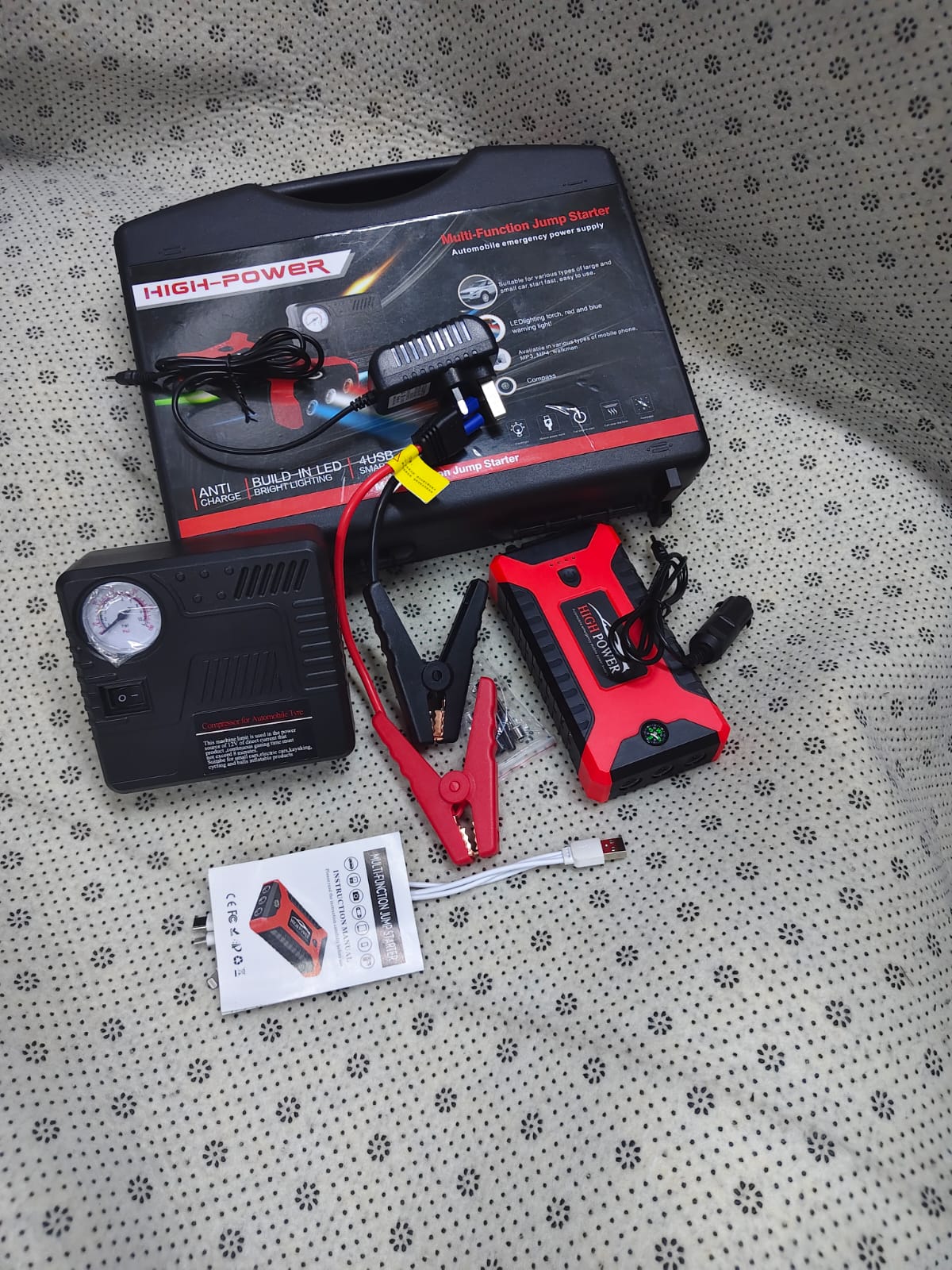 High Power High Quality Multi-Function Car Jump Starter With Air Compressor Portable Car Battery starter‼️Multi-function Jumpstarter, Fast Air Compressor, phone charger ( All types), laptop charger, c
