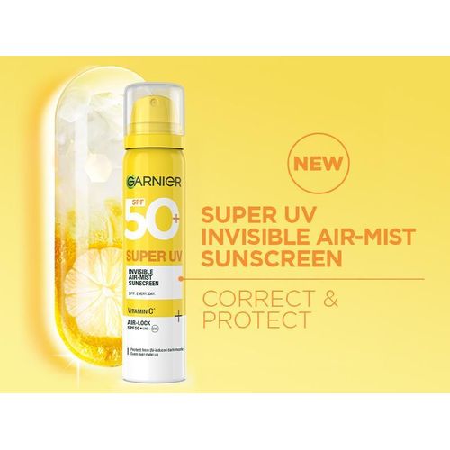 Garnier Super UV Invisible Air Mist Sunscreen SPF 50, with Vitamin C to Correct UV Induced Dark Marks and SPF 50, UVA+ UVB to Protect from Sun Damage, 75 ml