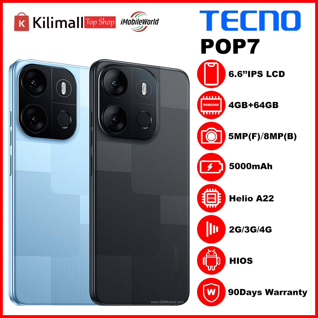 Refurbished TECNO POP 7 64GB + 4GB 6.6" HD+ Big Screen Dual SIM 4G LTE Network 8MP AI Dual Camera 5000mAh Face ID+Rear Fingerprint Unlock OTG Smart Phones