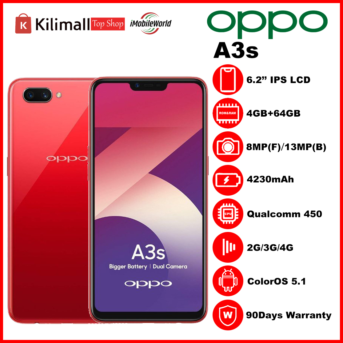 Refurbished OPPO A3s 4GB RAM 64GB ROM 6.2inch " 4230 mAh Dual SIM 13MP+8MP Face Unlock Android Smartphones/ Mobile Phones