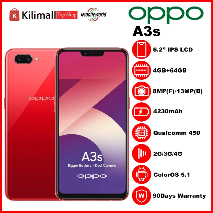 Refurbished OPPO A3s 4GB RAM 64GB ROM 6.2inch " 4230 mAh Dual SIM 13MP+8MP Face Unlock Android Smartphones/ Mobile Phones