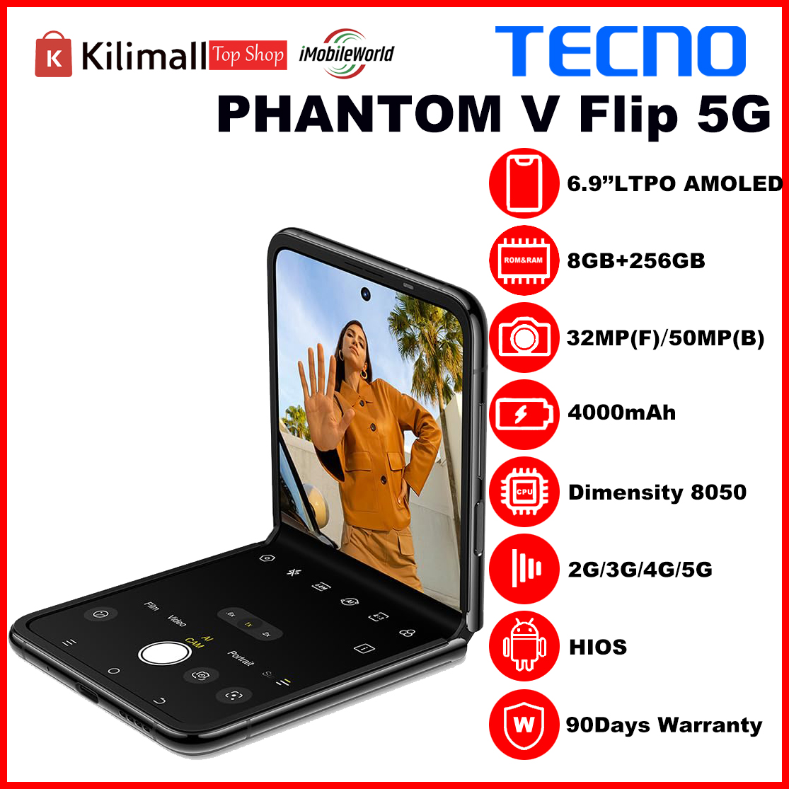 【Free Earbuds】Refurbished Tecno PHANTOM V Flip 256GB ROM 8GB RAM 6.9" HD+ 120HZ Refresh Rate Screen Phones Dual SIM 5G Network 64MP AI Camera Smart Phones