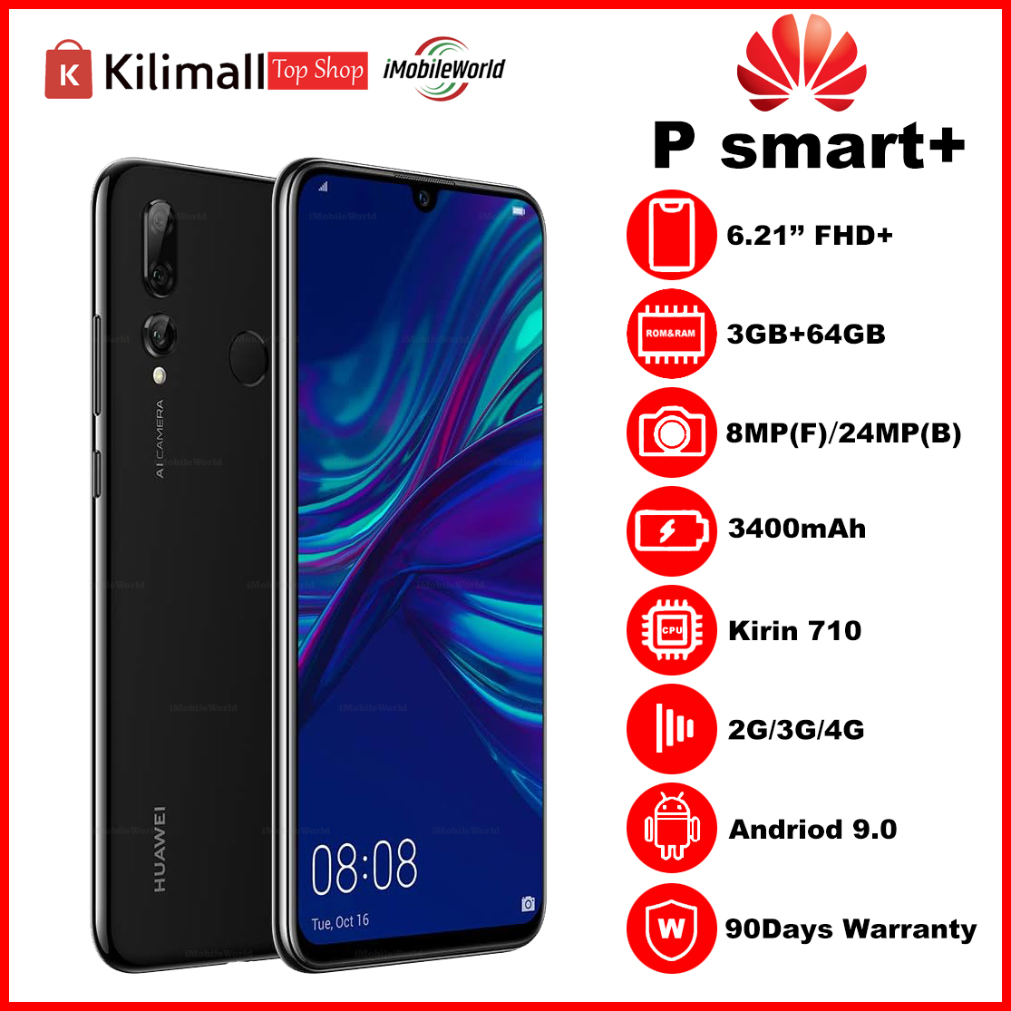 【Free Earbuds】Refurbished Phone HUAWEI P smart+ 4G+128G 5.65 inches 8MP/16MP 3400mAh Black&Blue with Google Play