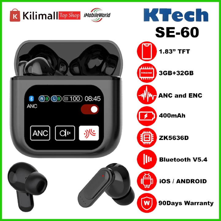 KTech SE-60 Touch Screen Wireless Earbuds Long Endurance with High Fidelity Sound ANC/ENC Noise Cancelling, BT 5.4, & Integrated Touch Control Case, redefines the wireless audio experience