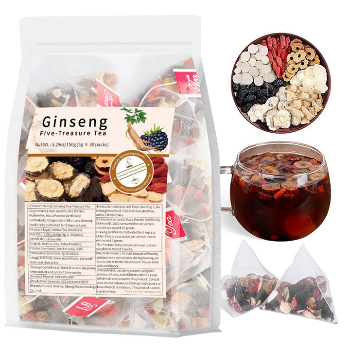 Ginseng Five Treasures Kidney Tea, Traditional Chinese Herbal TeaBags, Natural Organic Kidney Cleanse Detox Tea for Women & Men, 7 Precious Ingredients Formula