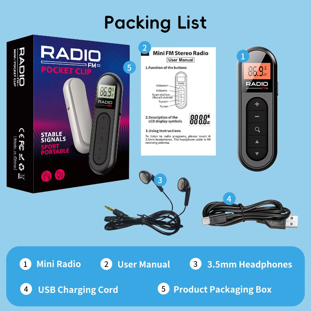 FM Portable Radio, Rechargeable Pocket Radio with Best Reception Digital Tuning, LCD Screen,Belt Clip, Stereo Sound Earphone Jac for Meetings, Tours- Comes with Earphones