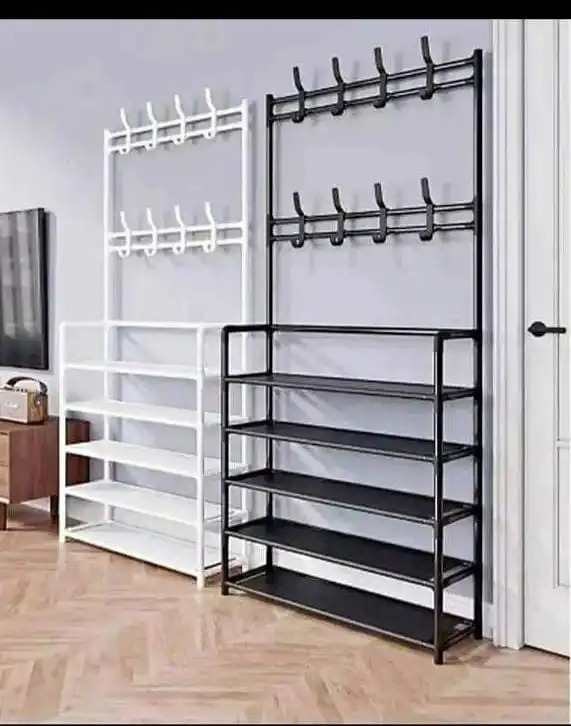 PRICE DROPPED🎀CYFAZA 5-Tier Metal Shoe Rack Hat Rack, Entryway Storage Organizer🎇combines a coat hanger, shoe shelf, and 8 movable hooks, providing a convenient solution for your storage needs. It’s