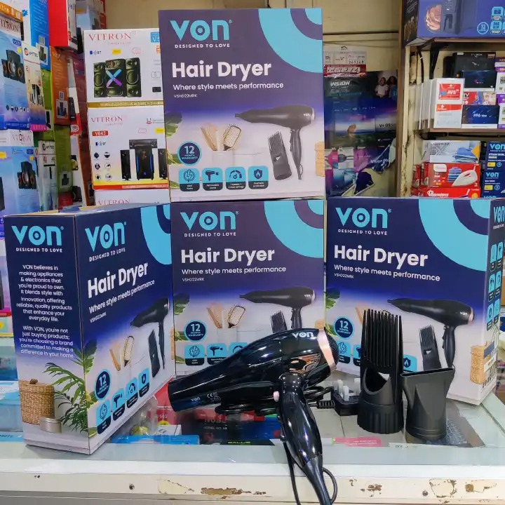 Von Professional Hair Dryer 2200W with Concentrator & Comb Attachments, Multiple Heat & Speed Settings, Cool Shot Function, Fast Drying, Overheat Protection, Salon Quality Blow Dryer for Home Use