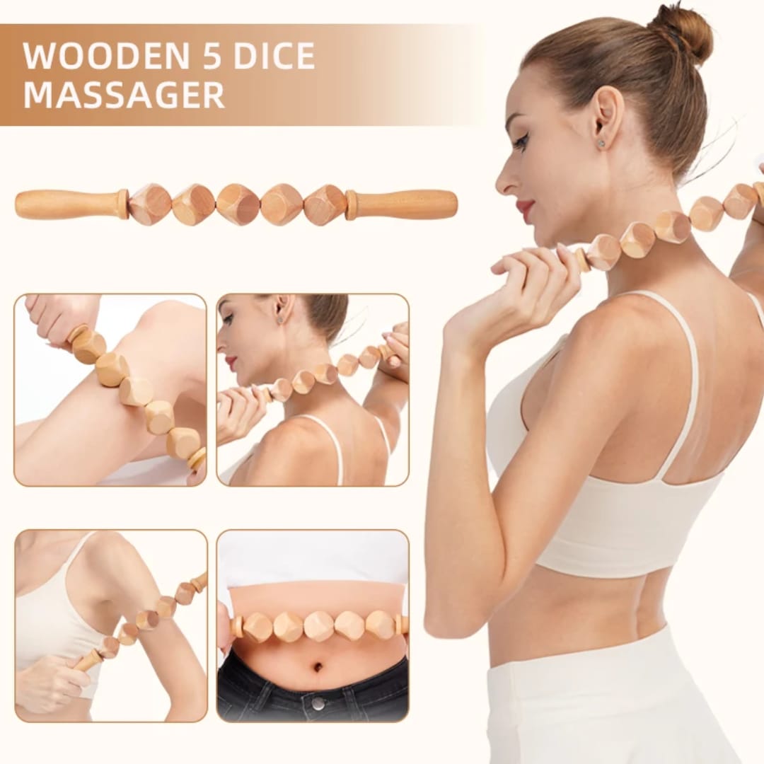 Wooden 6-Cube Massage Roller Stick – Body Massage Tool for Lymphatic Drainage, Muscle Pain Relief and Body Sculpting Wooden Handheld Therapy Roller for Home Fitness and Relaxation