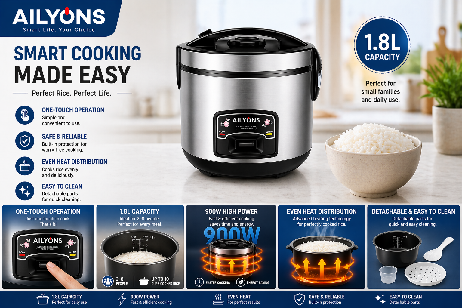 Brand New Ailyons 2 in 1 High Power 700w Rice Cooker and Steamer | “One Click. Perfect Meals. Every Time.”