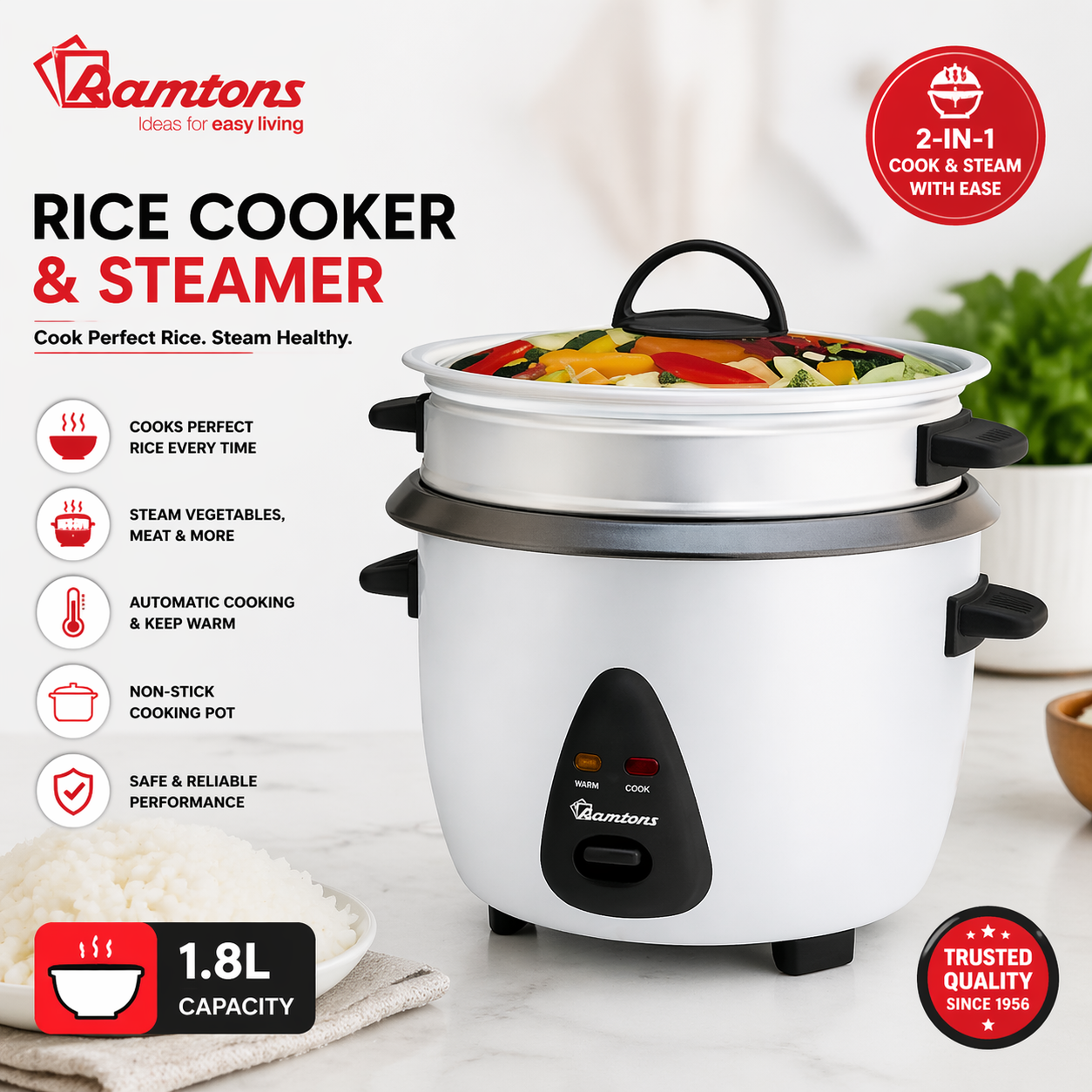 Brand New Ramtons 2.8L Rice Cooker and Steamer | 2-in-1 Rice Cooker & Steamer for Everyday Convenience | Cook. Steam. Serve.