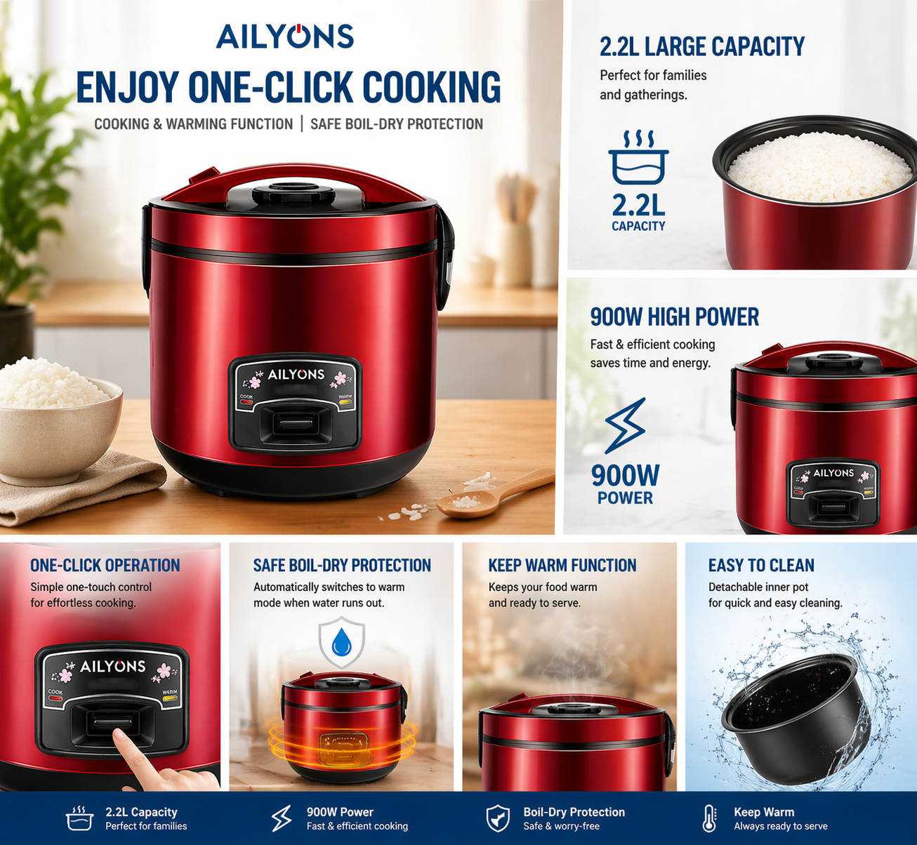Brand New Ailyons 2 in 1 High Power 900w Rice Cooker and Steamer | “One Click. Perfect Meals. Every Time.”