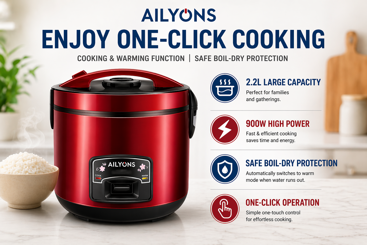 Brand New Ailyons 2 in 1 High Power 900w Rice Cooker and Steamer | “One Click. Perfect Meals. Every Time.”
