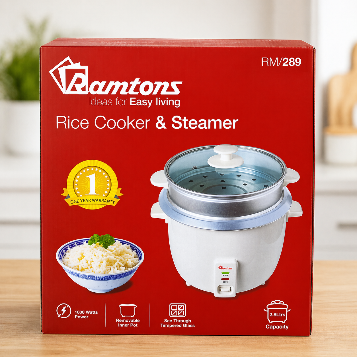 Brand New Ramtons RM/289 2.8L Rice Cooker and Steamer | 2-in-1 Rice Cooker & Steamer for Everyday Convenience | Cook. Steam. Serve.