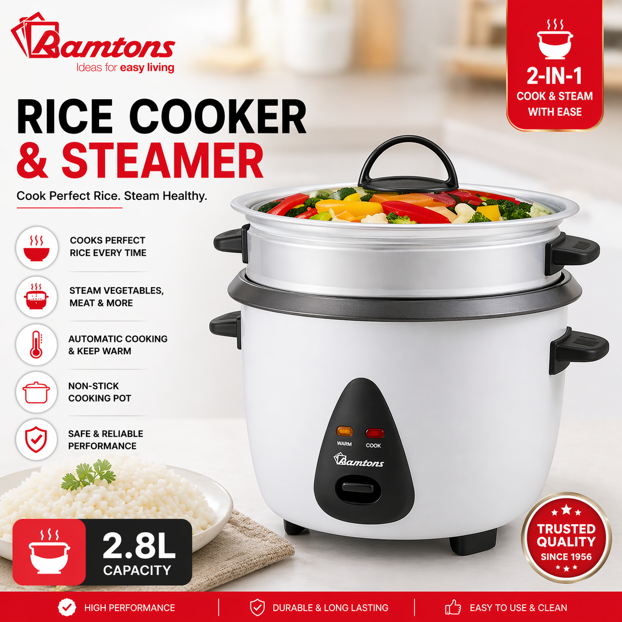 Brand New Ramtons 2.8L Rice Cooker and Steamer | 2-in-1 Rice Cooker & Steamer for Everyday Convenience | Cook. Steam. Serve.