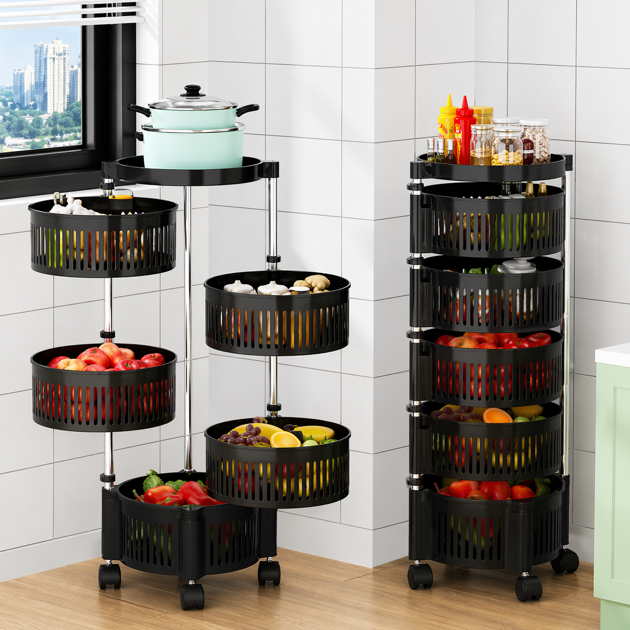 Brand New Plastic 4 Tier Rotatable Rack, Multi-Layer Movable Fruit Vegetable Snack Stand Household Shelf | Store More. Move Easy. Stay Organized.