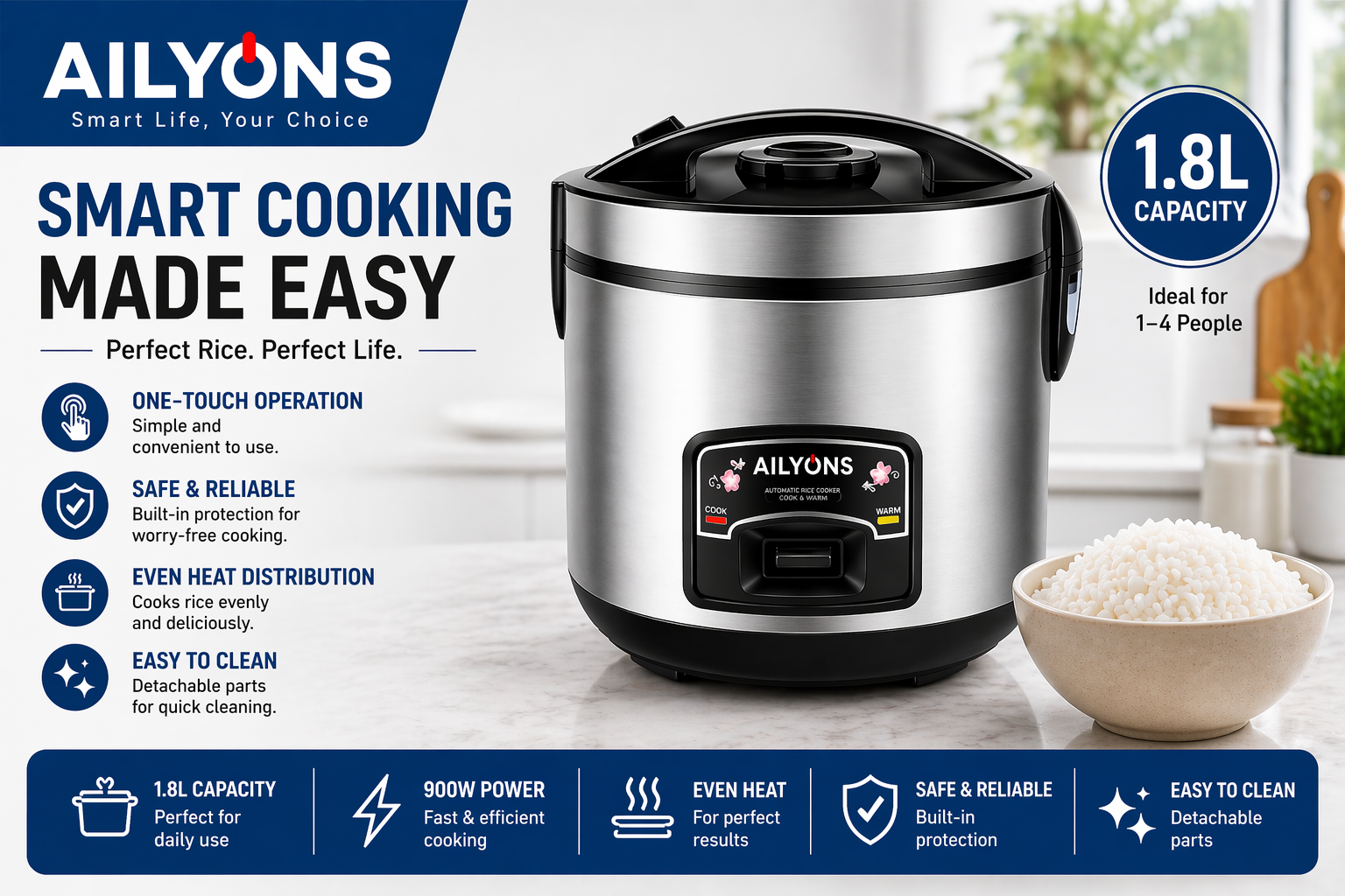 Brand New Ailyons 2 in 1 High Power 700w Rice Cooker and Steamer | “One Click. Perfect Meals. Every Time.”