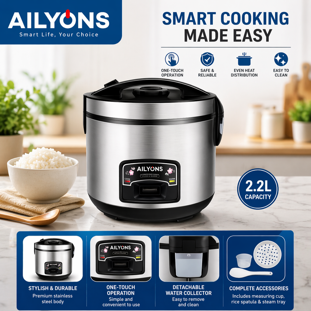 Brand New Ailyons 2 in 1 High Power 700w Rice Cooker and Steamer | “One Click. Perfect Meals. Every Time.”