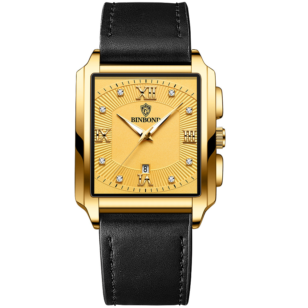 2026 Africa Europe America BINBOND Brand New Rectangular Men's Stainless Steel Watch Simple Sports Outdoor Calendar Quartz Movement 30M Water Resistance Luminous Pointer Wristwatch
