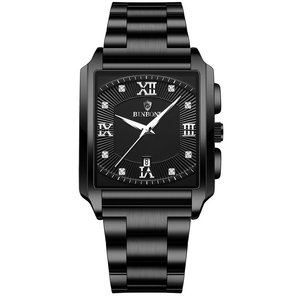 2026 Africa Europe America BINBOND Brand New Rectangular Men's Stainless Steel Watch Simple Sports Outdoor Calendar Quartz Movement 30M Water Resistance Luminous Pointer Wristwatch