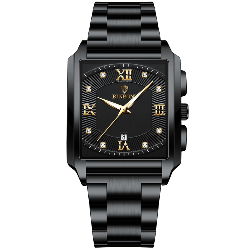 2026 Africa Europe America BINBOND Brand New Rectangular Men's Stainless Steel Watch Simple Sports Outdoor Calendar Quartz Movement 30M Water Resistance Luminous Pointer Wristwatch