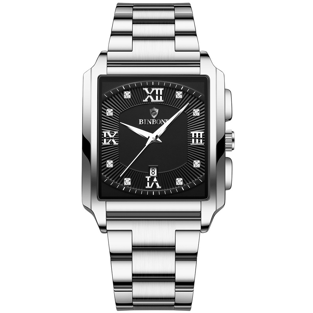 2026 Africa Europe America BINBOND Brand New Rectangular Men's Stainless Steel Watch Simple Sports Outdoor Calendar Quartz Movement 30M Water Resistance Luminous Pointer Wristwatch