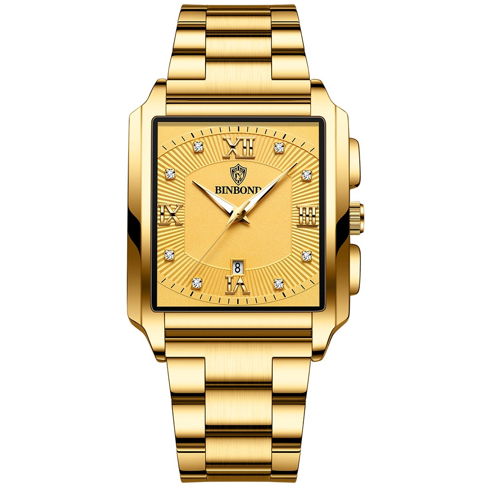 2026 Africa Europe America BINBOND Brand New Rectangular Men's Stainless Steel Watch Simple Sports Outdoor Calendar Quartz Movement 30M Water Resistance Luminous Pointer Wristwatch