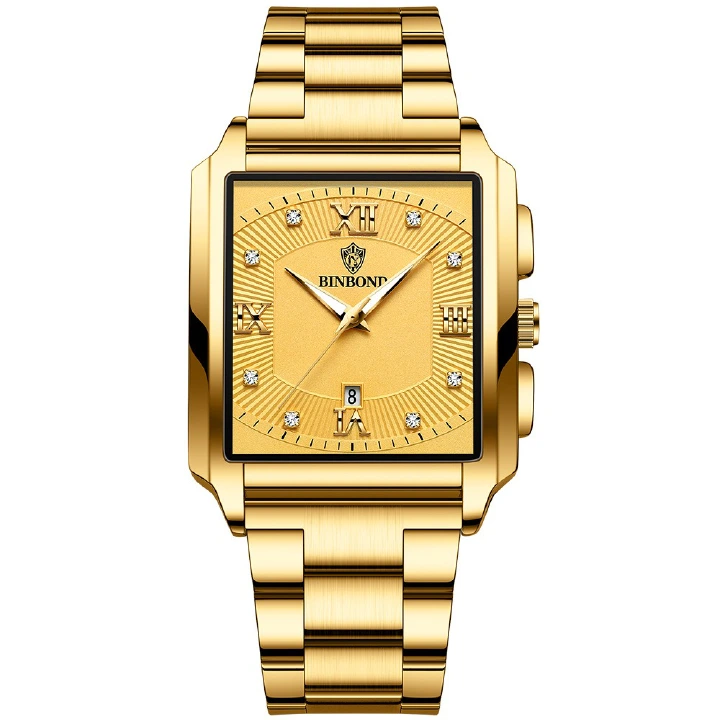 2026 Africa Europe America BINBOND Brand New Rectangular Men's Stainless Steel Watch Simple Sports Outdoor Calendar Quartz Movement 30M Water Resistance Luminous Pointer Wristwatch