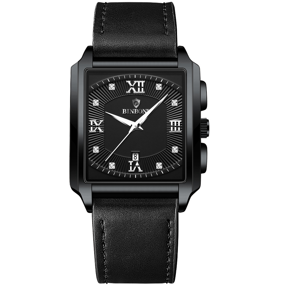 2026 Africa Europe America BINBOND Brand New Rectangular Men's Stainless Steel Watch Simple Sports Outdoor Calendar Quartz Movement 30M Water Resistance Luminous Pointer Wristwatch