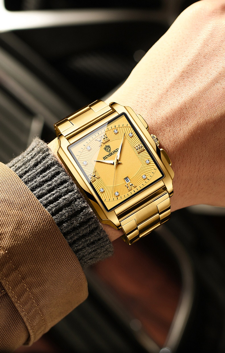 2026 Africa Europe America BINBOND Brand New Rectangular Men's Stainless Steel Watch Simple Sports Outdoor Calendar Quartz Movement 30M Water Resistance Luminous Pointer Wristwatch